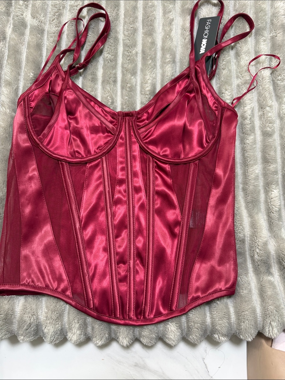 Fashion Nova Satin Corset Top in Wine Red